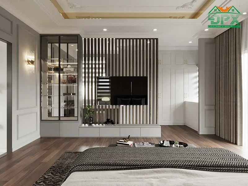 Vẫn đồng nhất thiết kế vách ngăn là các đường kẻ sọc với ngoại thất và nội thất của ngôi nhà