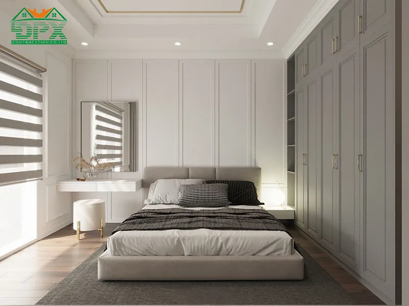 Phòng ngủ nhỏ được trang bị đầy đủ tủ quần áo, bàn trang điểm