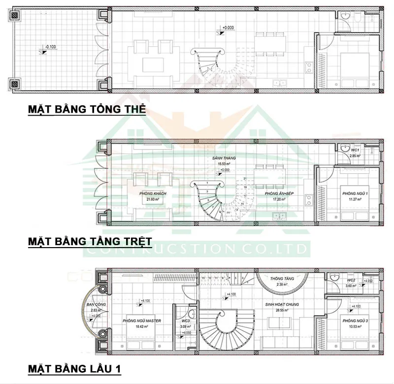 Bản vẽ nhà phố 2 tầng 5x20m - quy mô 3 phòng ngủ và 3 phòng vệ sinh, phòng khách và phòng bếp