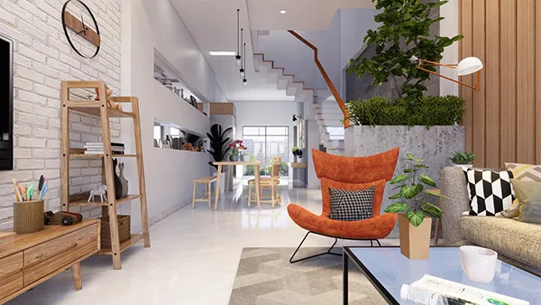 Công năng tầng trệt nhà phố 4x15m thông thoáng Bố trí công năng tầng trệt thông thoáng và liên kết