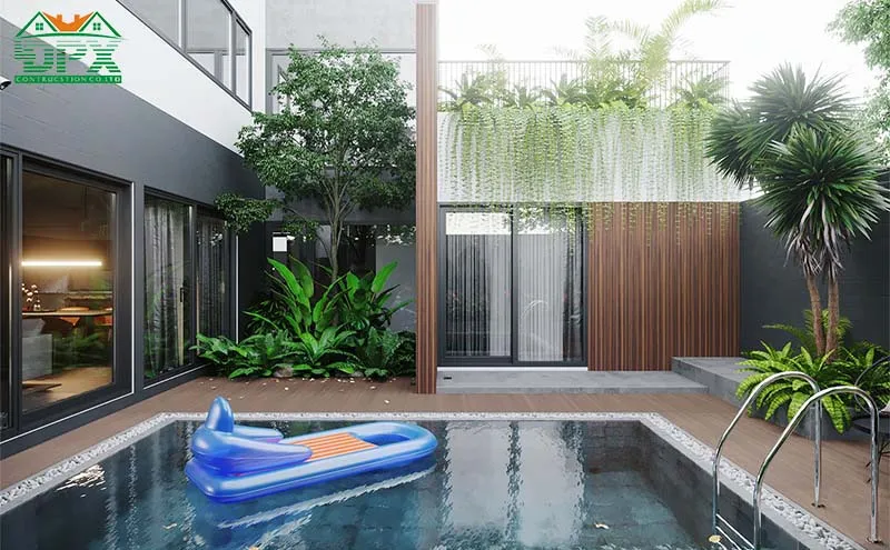 Cây xanh được bố trí vừa phải giúp tổng thể nhìn gọn gàng mà vẫn dễ chịu