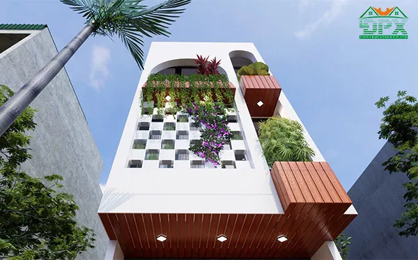 Mặt tiền nhà sử dụng màu đỏ nâu giả gạch hài hòa