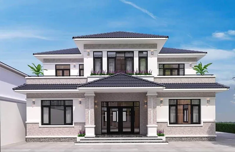 Mẫu nhà có hệ mái 2 tầng đối xứng