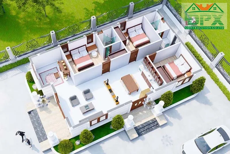 Mẫu biệt thự 1 tầng 3 phòng ngủ 1 phòng thờ