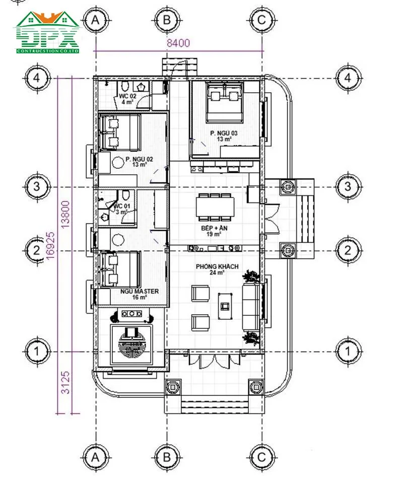 Bản vẽ biệt thự 1 tầng 3 phòng ngủ