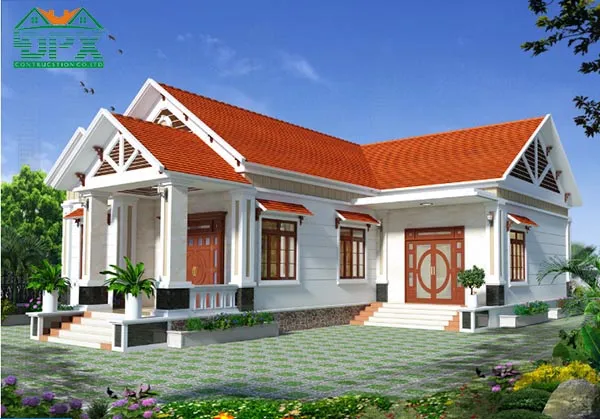 Nhà cấp 4 chữ L đẹp Nhà cấp 4 chữ L với màu ngói đỏ kết hợp với cửa gỗ hài hòa