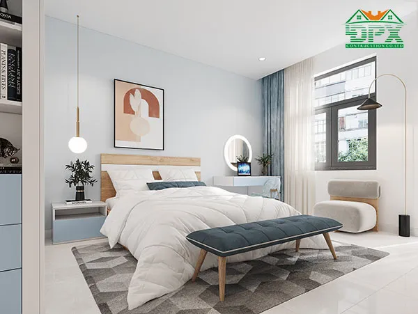 Phòng ngủ master nhà phố 4m với tone màu xanh nhẹ