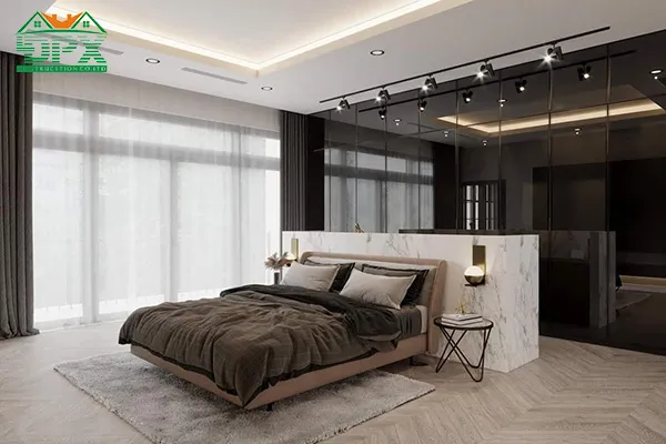 Các vật dụng trong phòng ngủ Master đều tối giản nhưng được lựa chọn từ chất liệu sang trọng