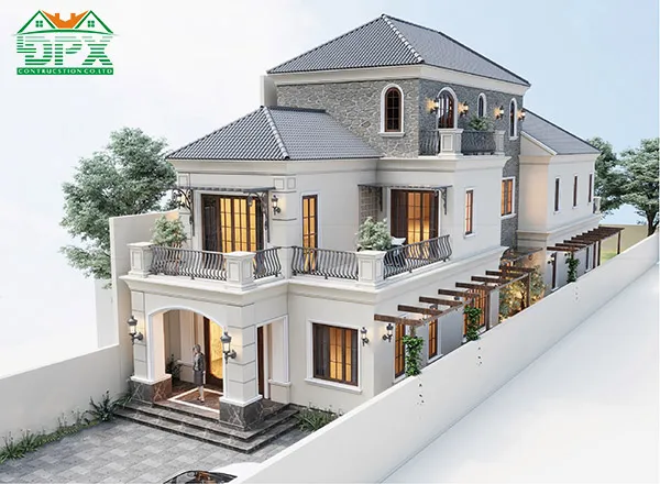 Thiết kế kiến trúc biệt thự tân cổ điển với điểm nhấn đá ốp tường cổ kính