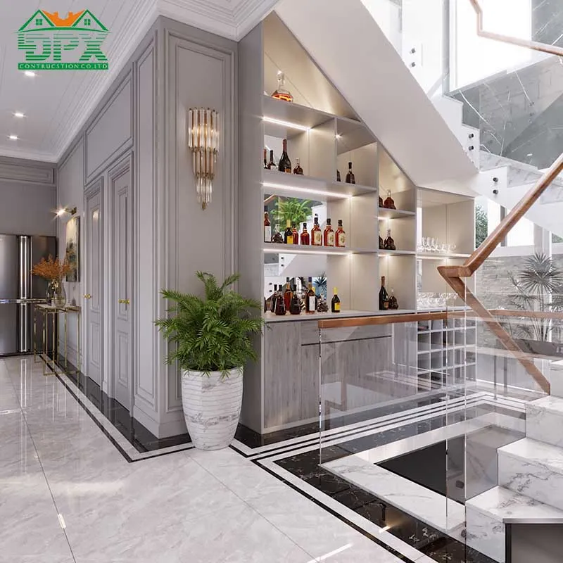 Tủ rựợu được thiết kế ngay dưới chân cầu thang, vừa tiện dụng mà vẫn xa hoa